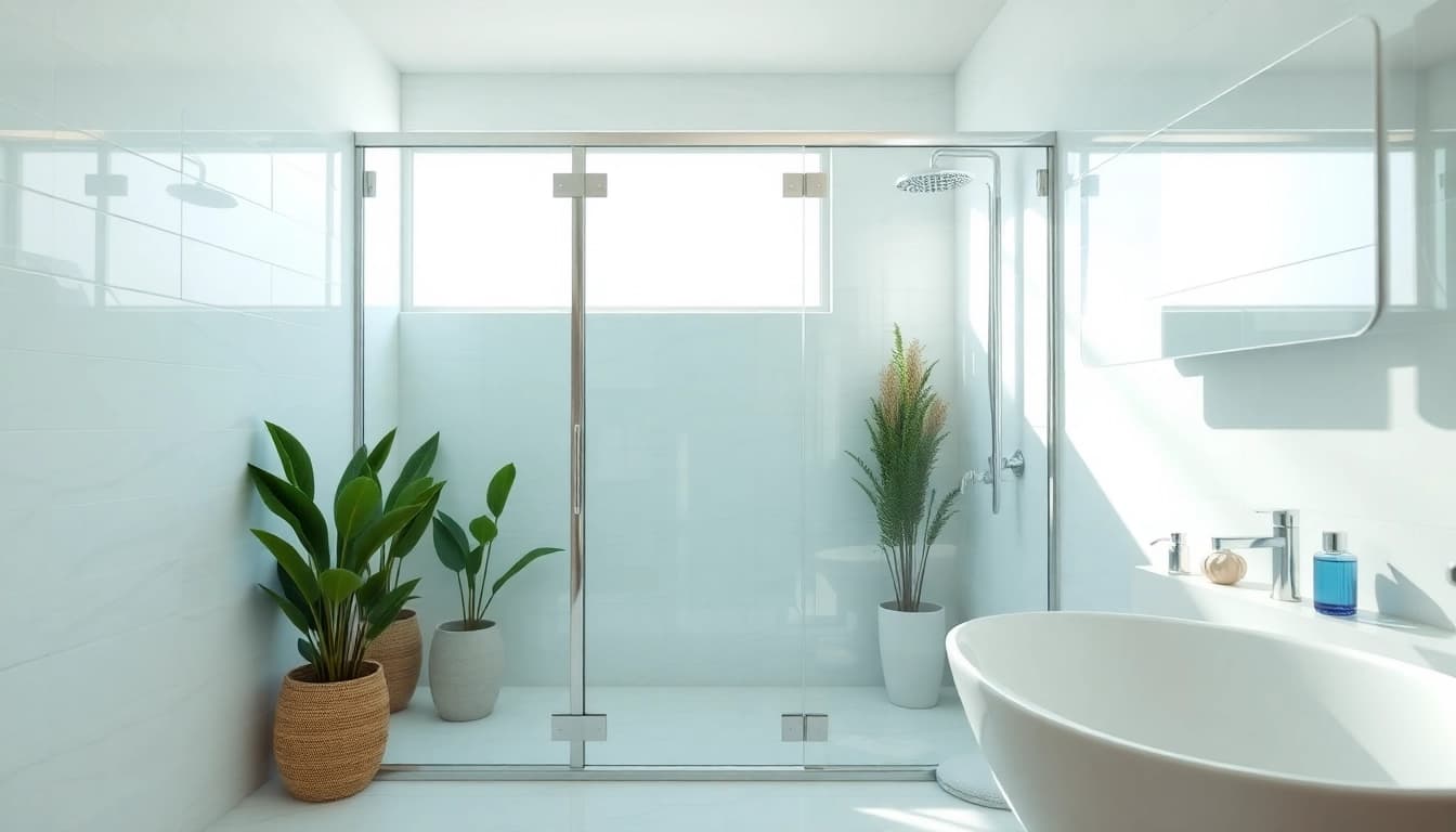 Elegant shower screen door presented in a modern bathroom with stylish fixtures and natural lighting.