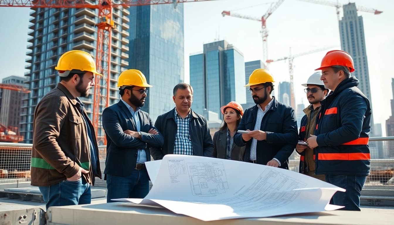 New York City Commercial General Contractor team reviewing blueprints on a bustling construction site.
