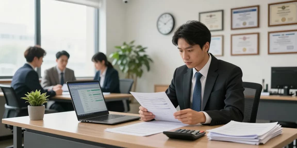 Forensic auditor analyzing documents in a dedicated workspace at aafikotaserang.org