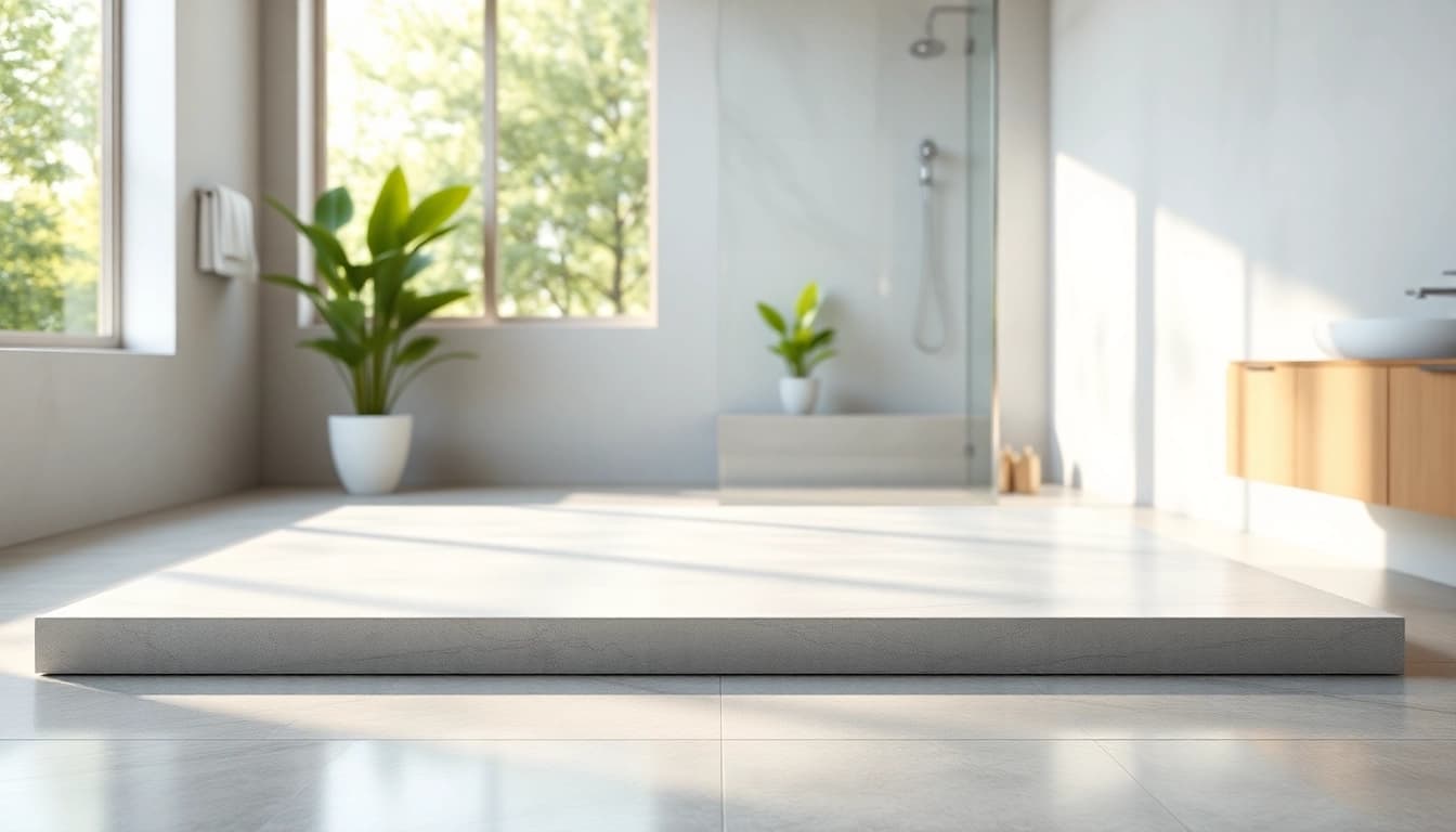Showcasing elegant shower bases in a stylish modern bathroom space with natural lighting.