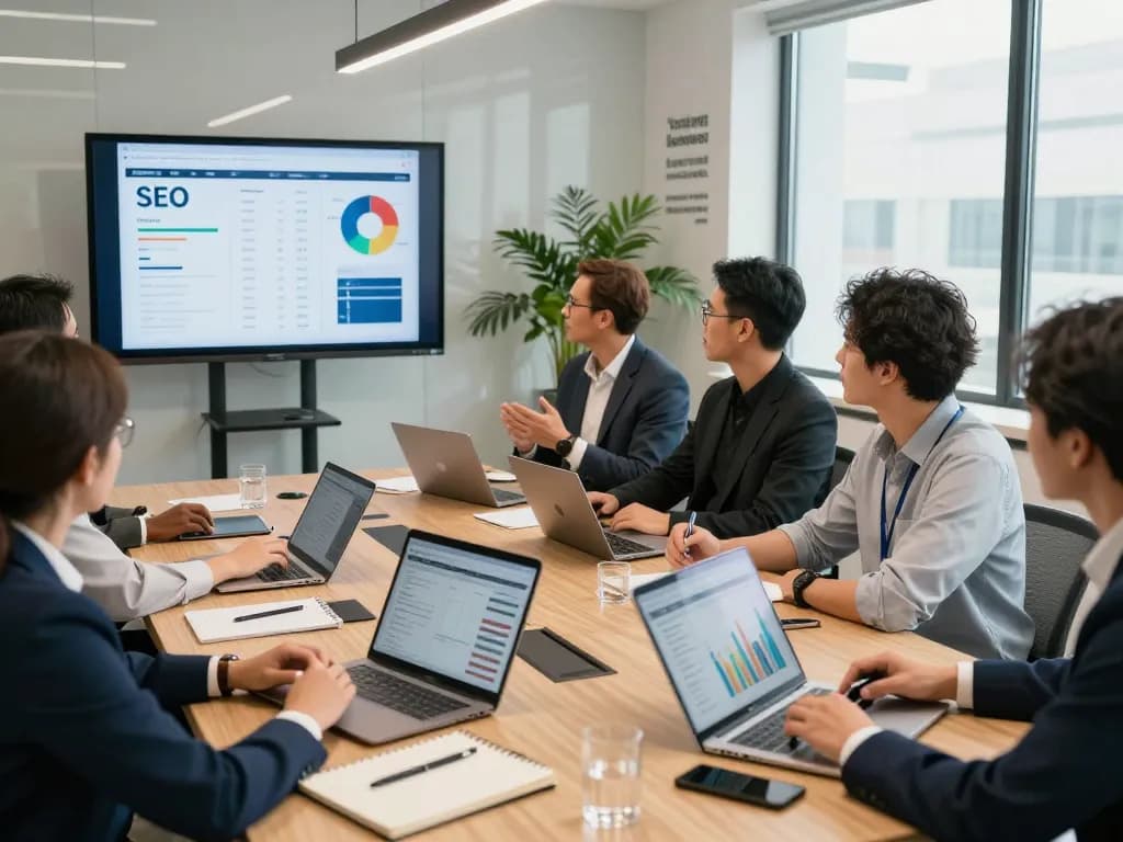Team reviewing SEO Reports in a professional office setting with analytics displays