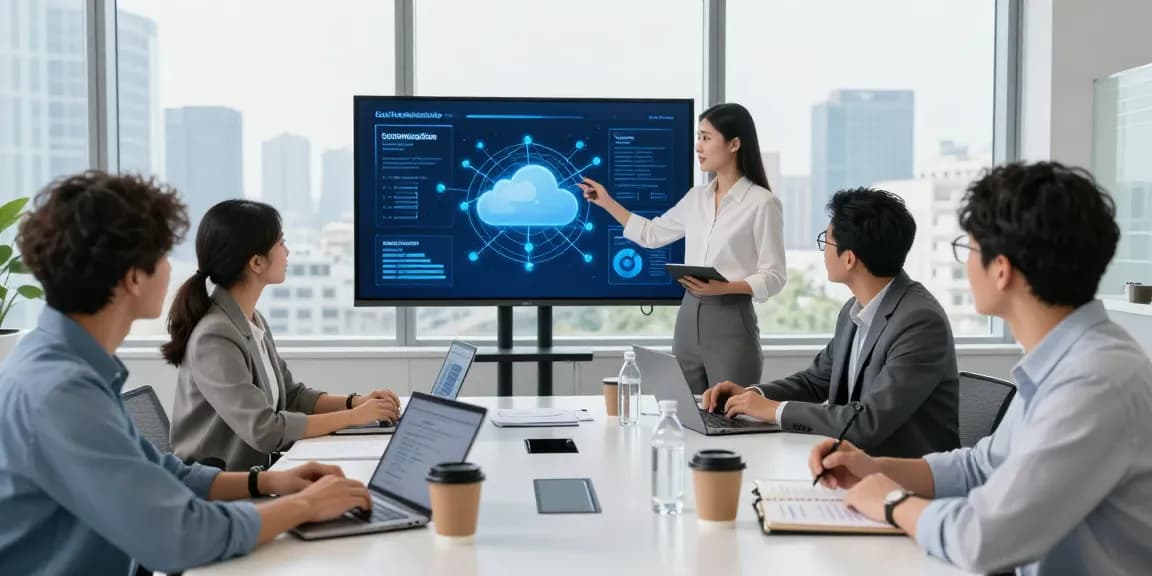 Collaboration on a cloud business phone system in a modern office with diverse professionals discussing strategies.