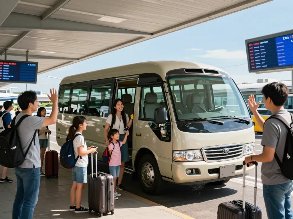 Passengers boarding a minibus at the airport, ensuring comfortable transport.