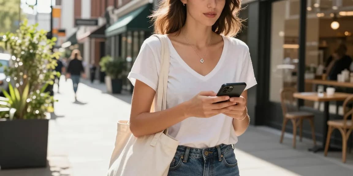 Woman showcasing a minimalist necklace uk in a stylish urban environment, enhancing everyday elegance.