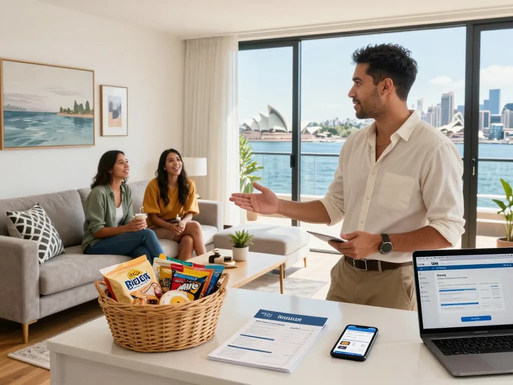 Engaging Airbnb management in Sydney with expert host Antoun welcoming guests in a stylish apartment.