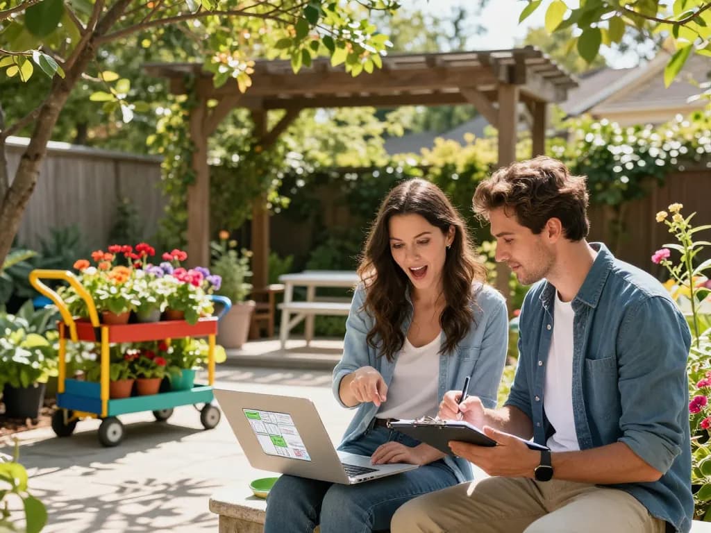 Couple using a pergola 3D planner in their garden, surrounded by flowers and garden tools.
