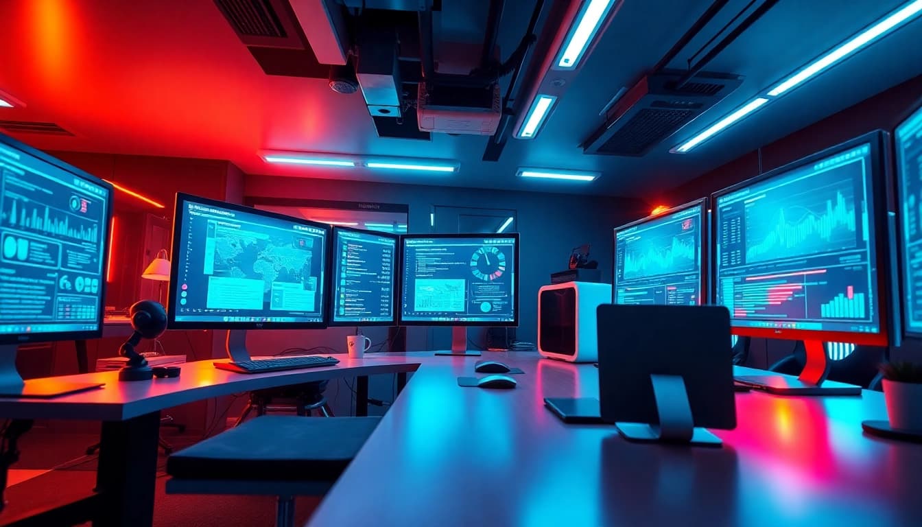 Futuristic digital workspace showcasing advanced technology at https://rr9935.com/ with monitors and a robotic assistant.