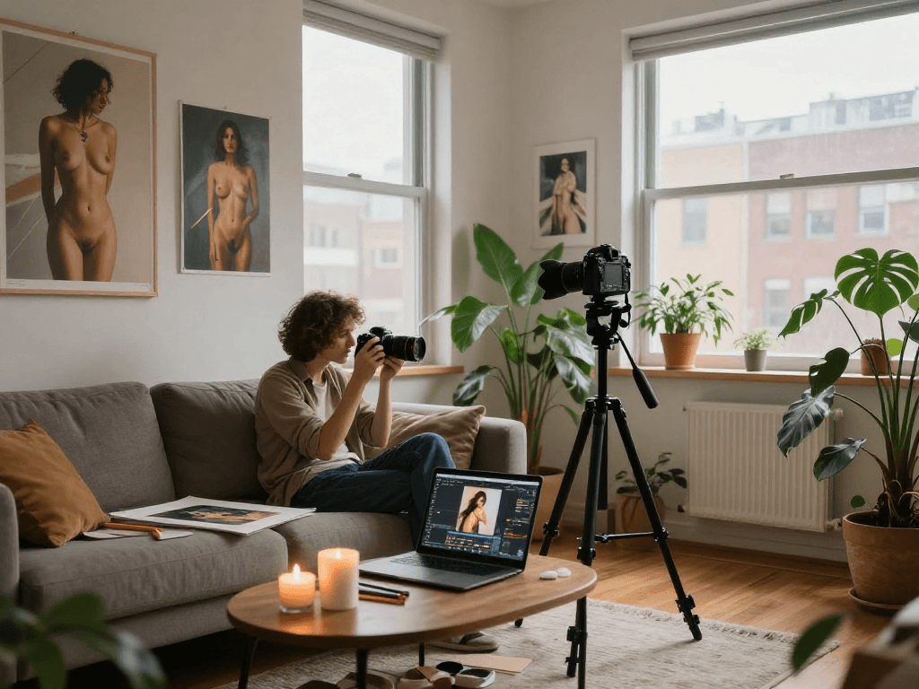 nsfw artistic photography scene in cozy apartment with natural light