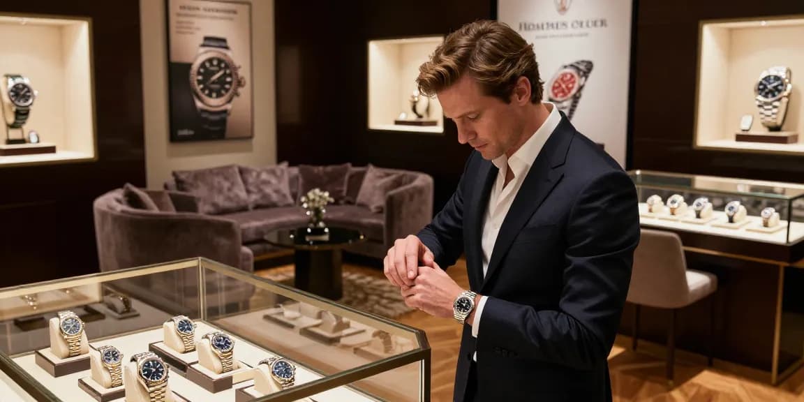 Close-up of an elegant rolex replica displayed in a luxury watch boutique, showcasing exquisite craftsmanship.