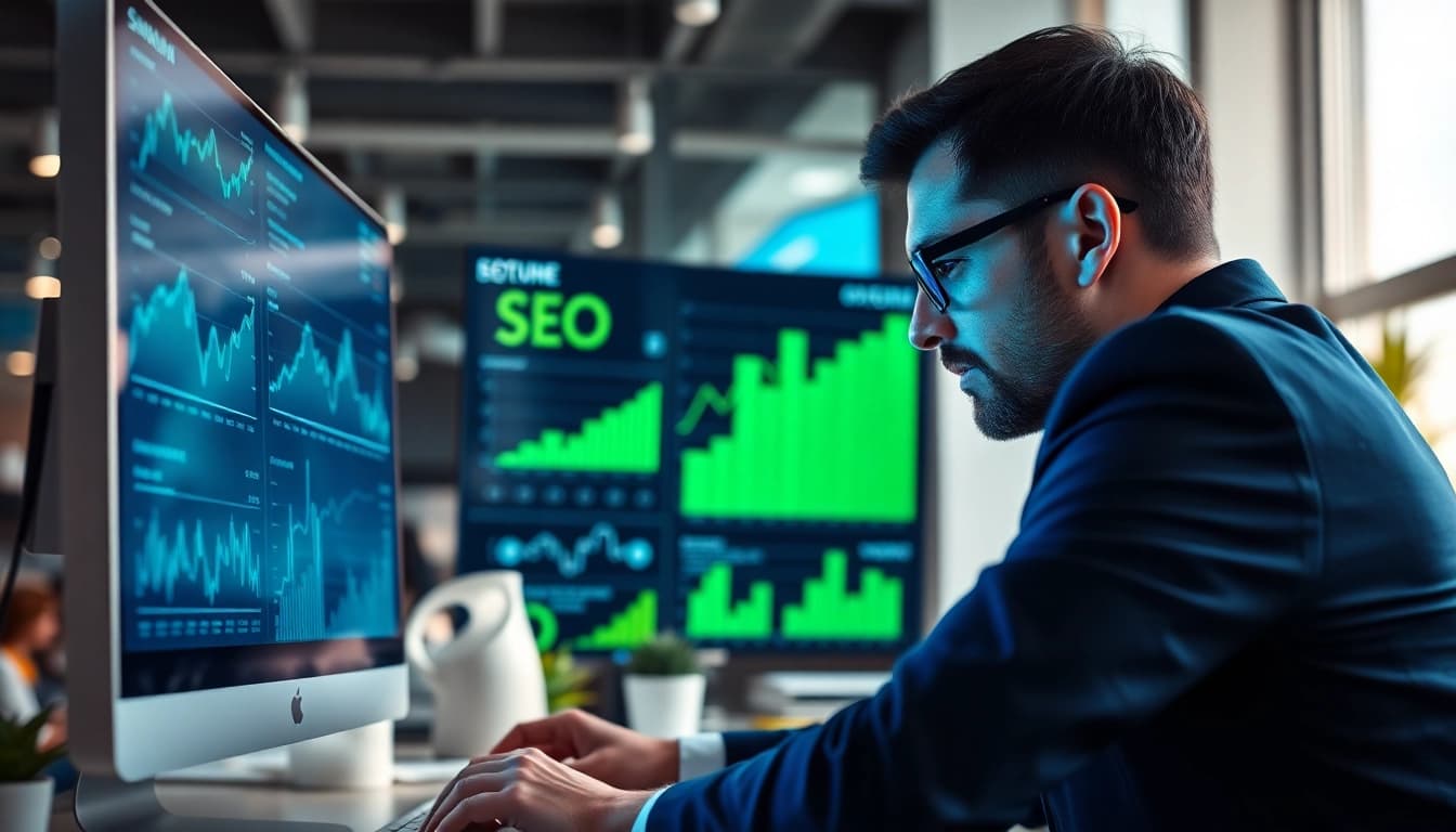 Evaluate SEO Rank metrics with charts and professional insights in a modern office.