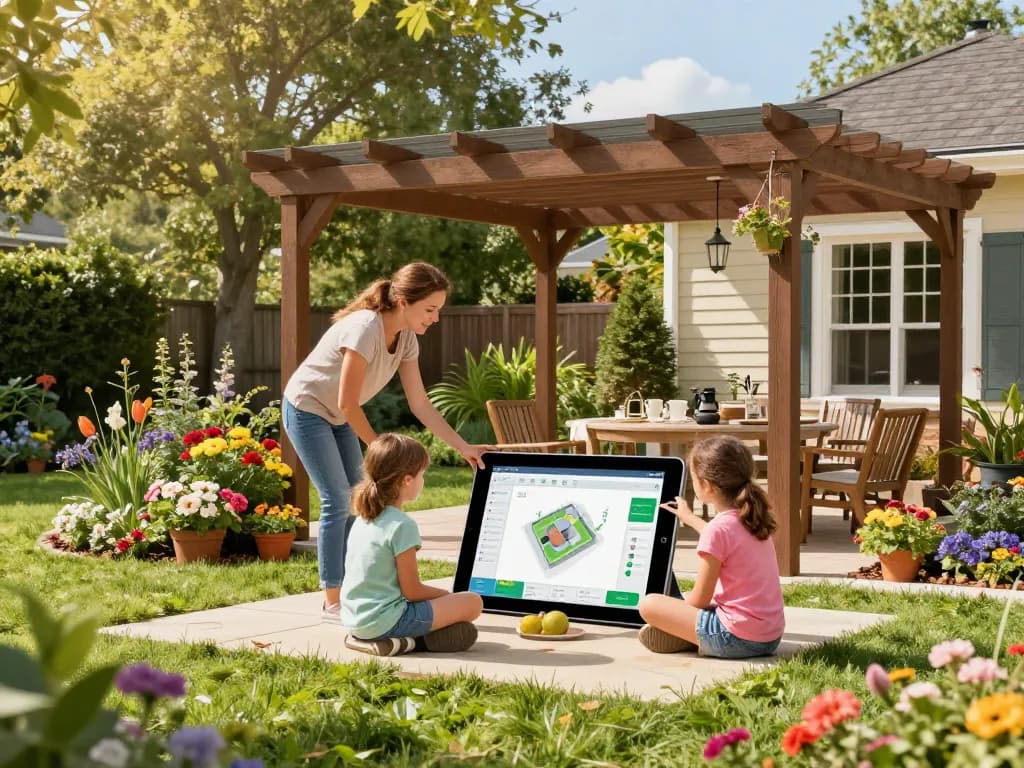 Family using a pergola configurator app to design a custom outdoor structure.