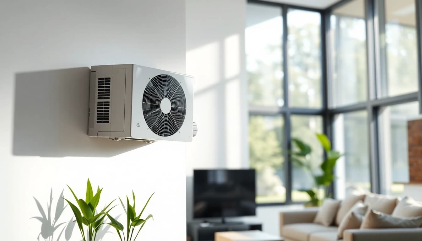 See the mini split ac cooling system elegantly positioned in a stylish living room.