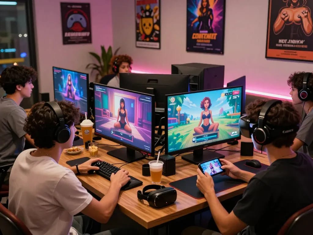 Engaged players enjoying popular sex games on screens in a cozy gaming lounge atmosphere.