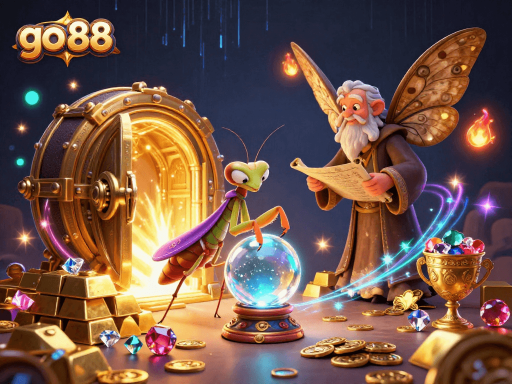 Engage with go 88's vibrant 3D casino world featuring a fortune teller and treasures.