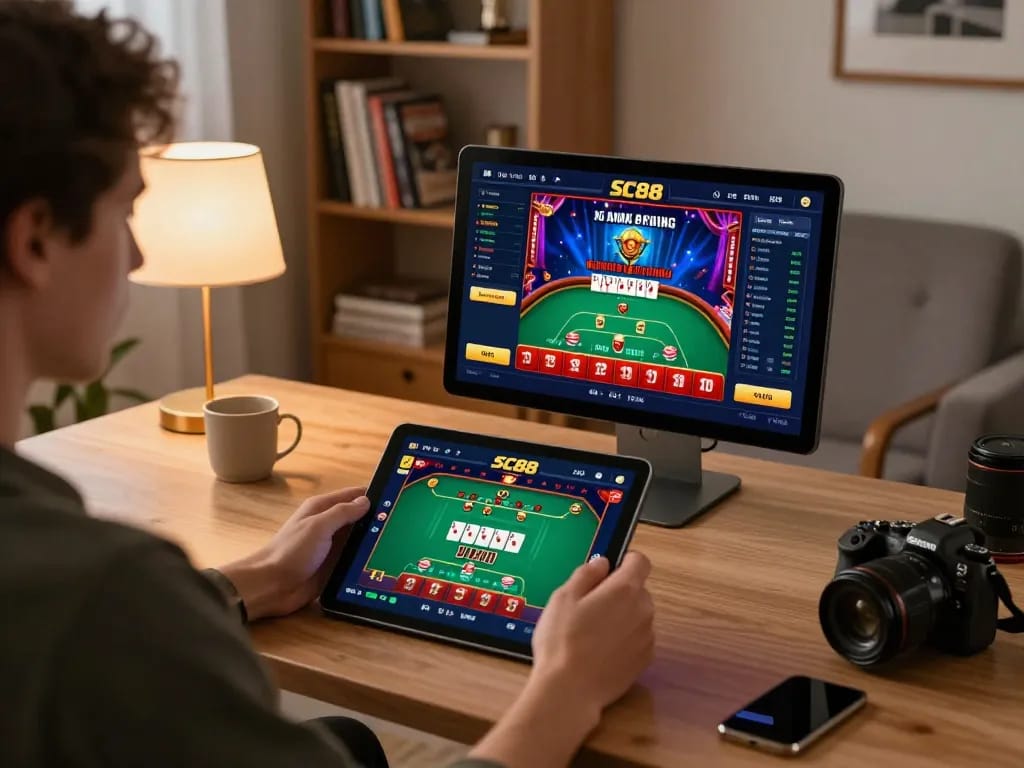 Engaging with the SC88 casino app on a tablet during a focused online gaming session.