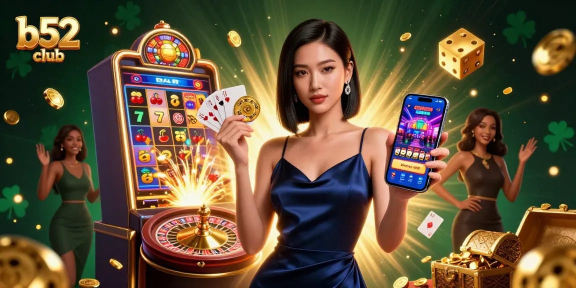 B52 club showcases a confident Asian woman holding a golden chip and smartphone amidst a vibrant casino scene.