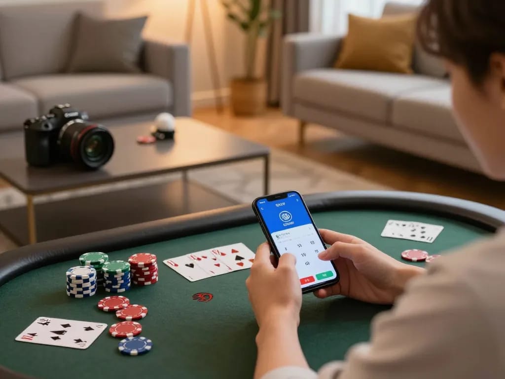 Engaging with SC88 OKVIP mobile app while gaming at home, showcasing comfort and strategy.