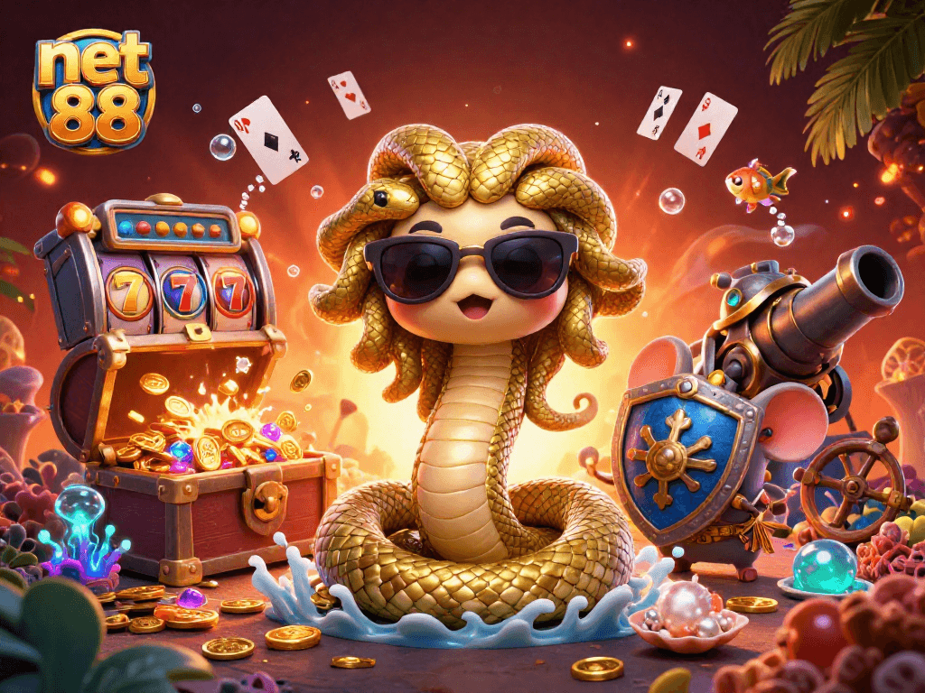 Spin the net 88 slot reels with an enchanting Medusa and warrior mouse amidst vibrant casino elements.