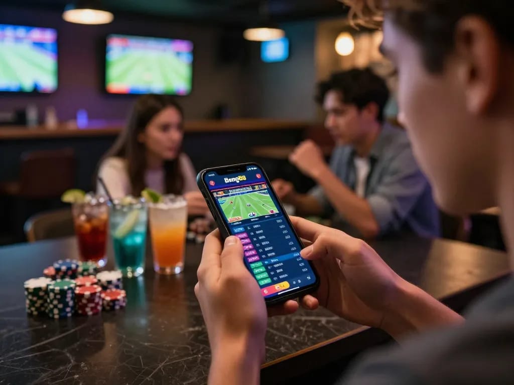 Bong88 user immersed in online sports betting excitement while enjoying the lively atmosphere.