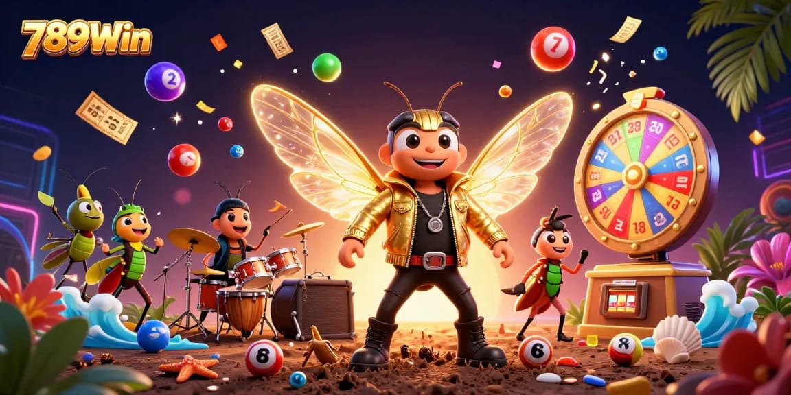 Experience excitement with 789Win as the cartoon-cicada rock star leads a dynamic gaming scene.