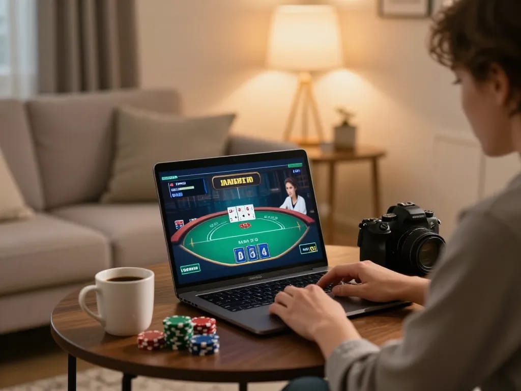 Engaged player enjoying an online poker game at home using qq88 platform, showcasing a comfortable gaming atmosphere.