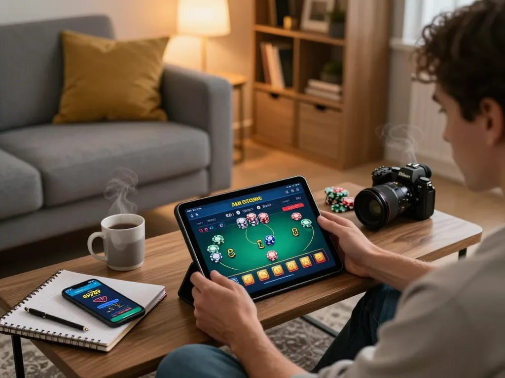 A person using the alo789 casino app on a tablet, surrounded by strategy notes and a cozy home atmosphere.