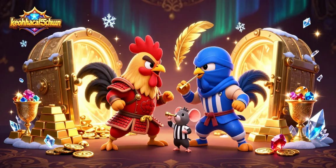 Place bets on keonhacai55chuan with dynamic roosters ready for action amidst a treasure-filled arena.