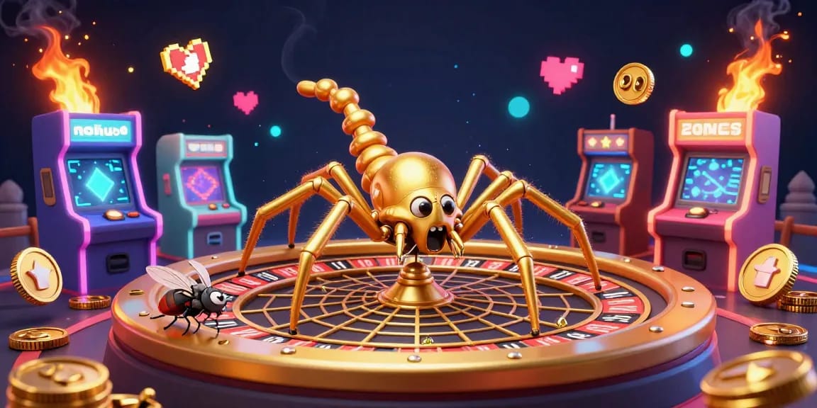 Engage with nohu90's vibrant 3D casino scene showcasing a golden spider and croupier amidst arcade game chaos.