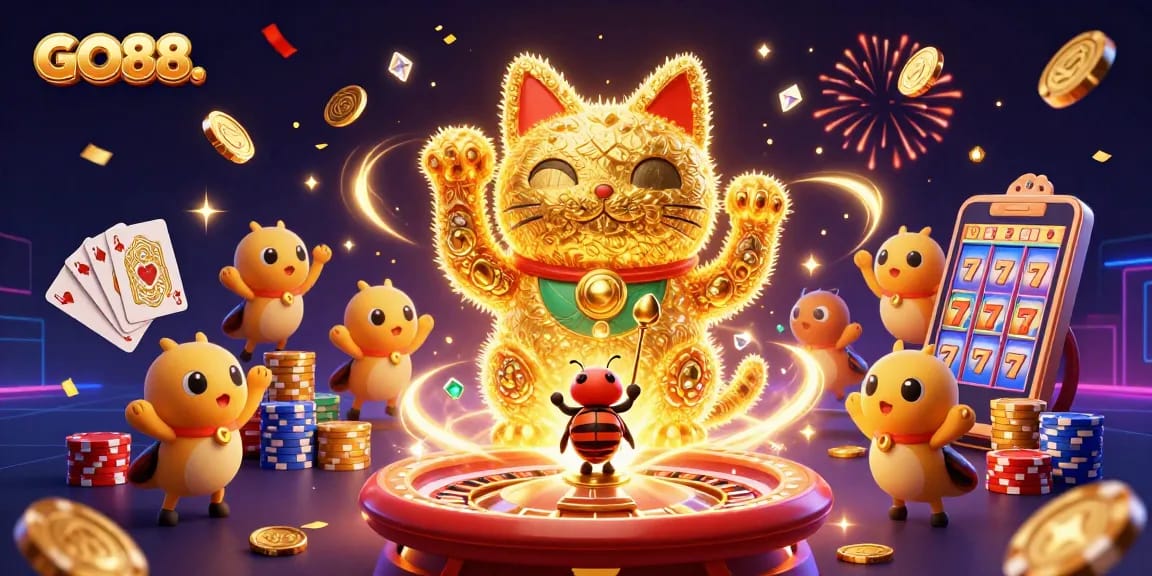 Experience the excitement of GO88. with vibrant casino symbols and a lucky cat in dynamic action.