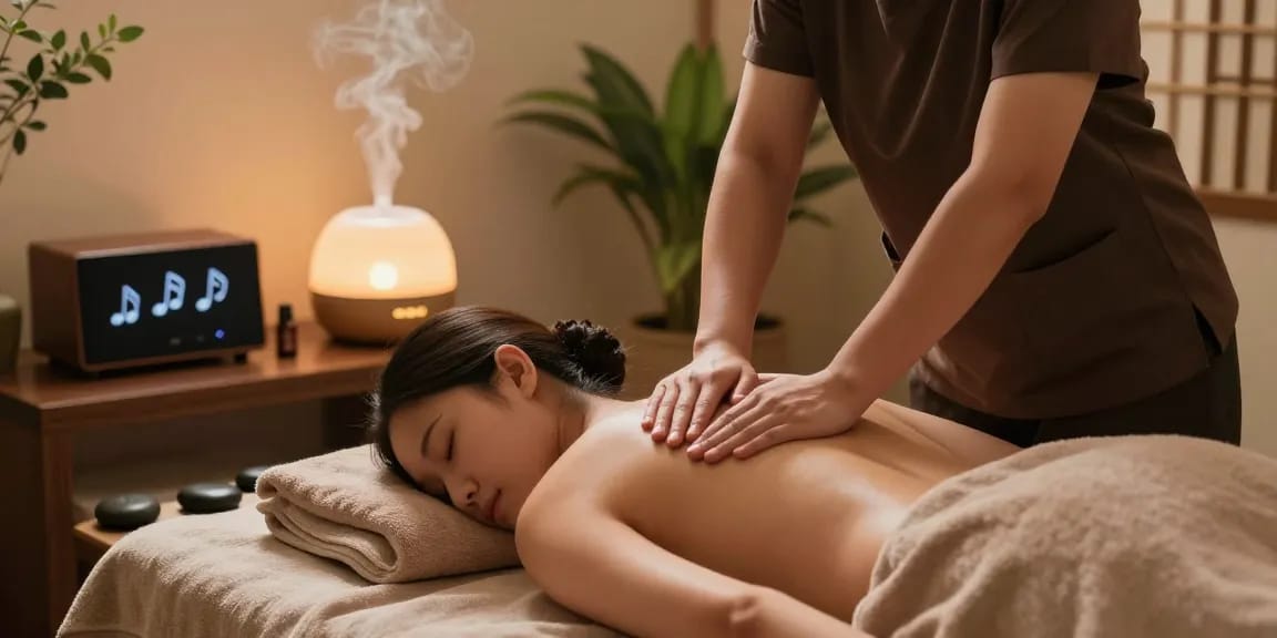 부평출장안마 soothing massage therapy in a tranquil spa setting with essential oils and soft lighting