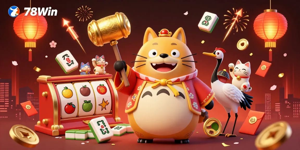 Experience the excitement of 78Win with dynamic game elements and festive characters in a vibrant casino scene.