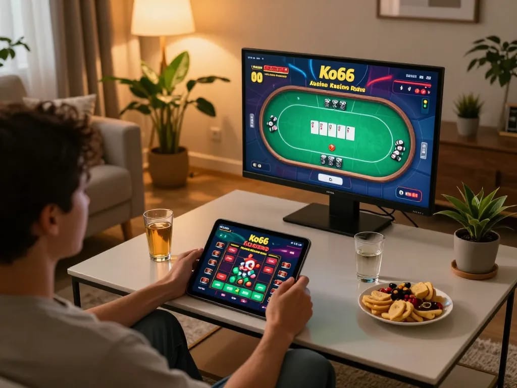 Player experiencing exciting gameplay on the Ko66 casino app in a cozy home setting