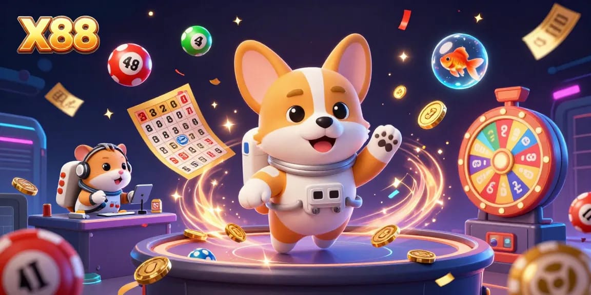 X88 astronauts and characters enjoy a colorful casino adventure in zero gravity, featuring vibrant lottery elements.