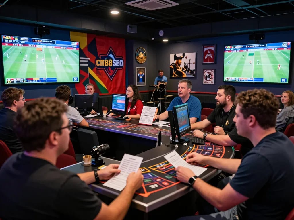 Experience live sports betting at cm88seo with patrons engaged in strategic wagers at a vibrant lounge.