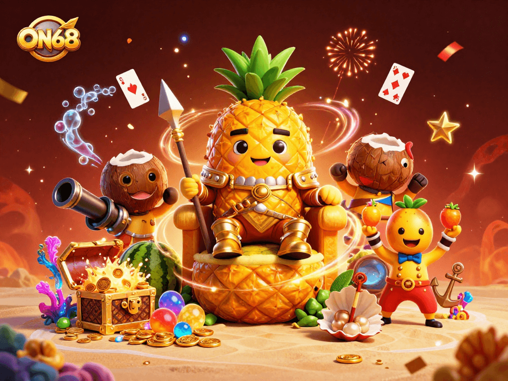 Bet on ON68 with excitement in a vibrant 3D beach casino scene packed with engaging characters and dynamic elements.