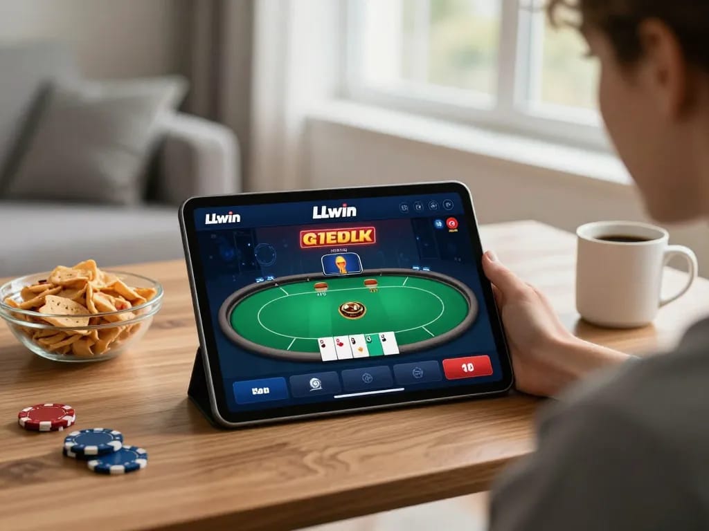 LLwin gaming app showcased in relaxing home environment with tablet and engaging poker gameplay.