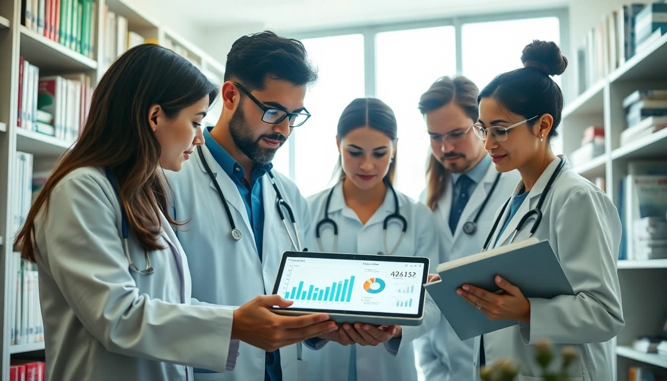 Healthcare professionals discussing Tirzepatide data in a dynamic research setting.