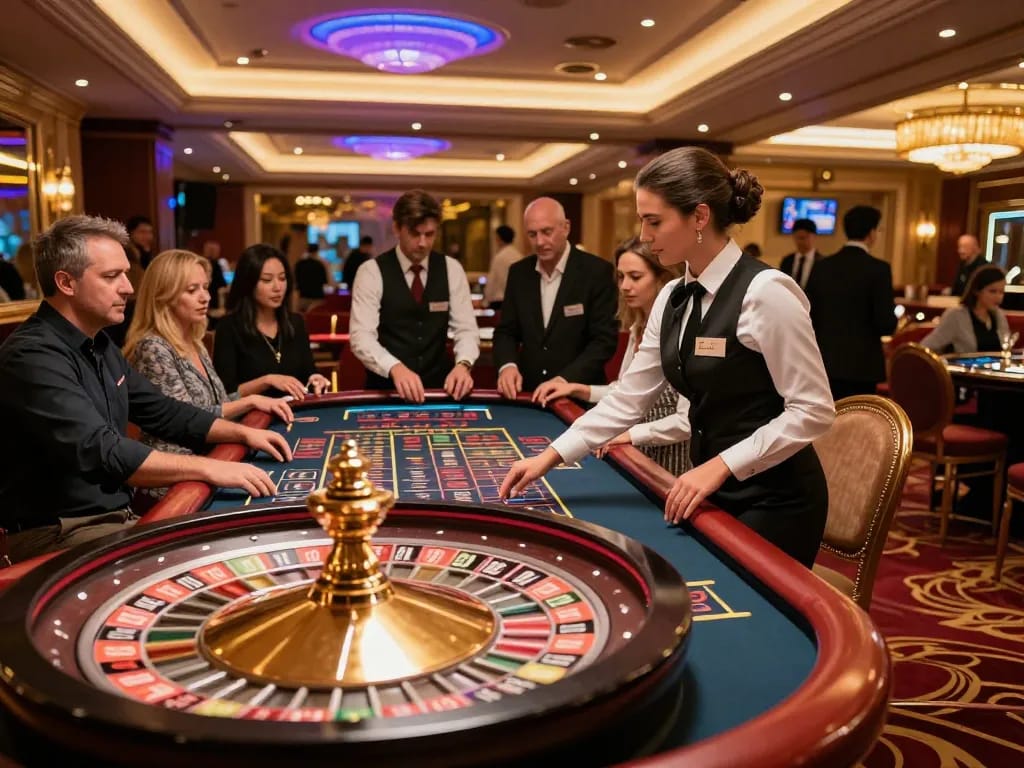 Experience excitement at https://gg88live.com/ with players engaged around a spinning roulette wheel.
