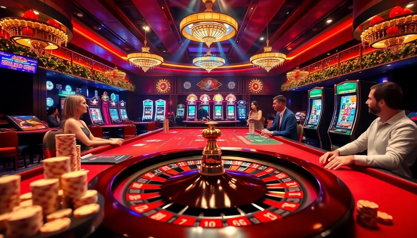 Players engaging in high-stakes gambling at kuwin02 casino with vibrant tables and thrilling atmosphere.