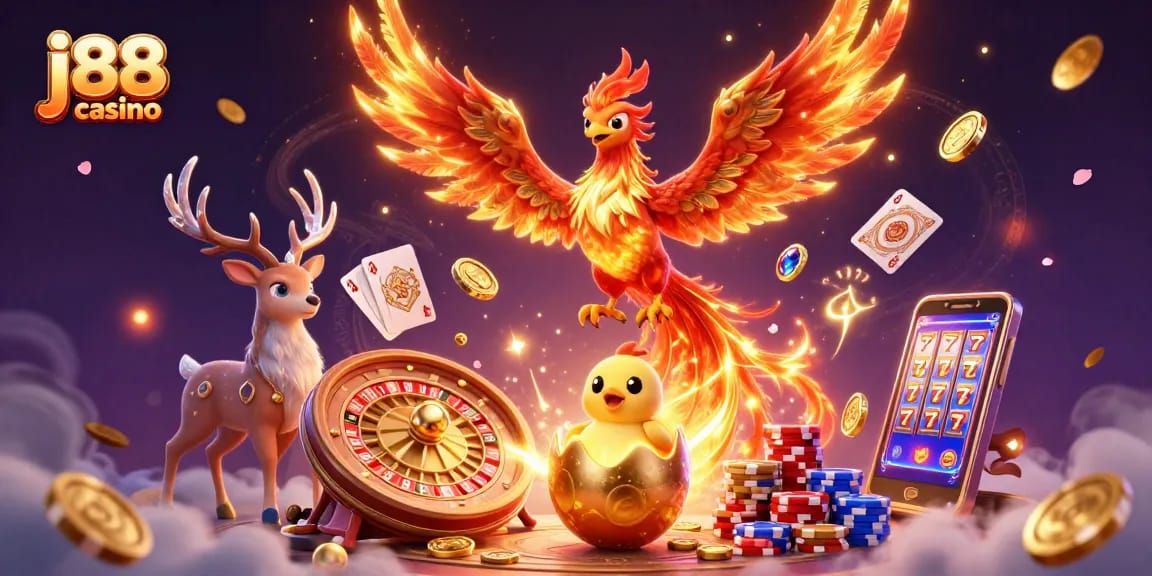 Experience the thrill of j88 casino with stunning visuals of phoenixes and vibrant gambling elements.