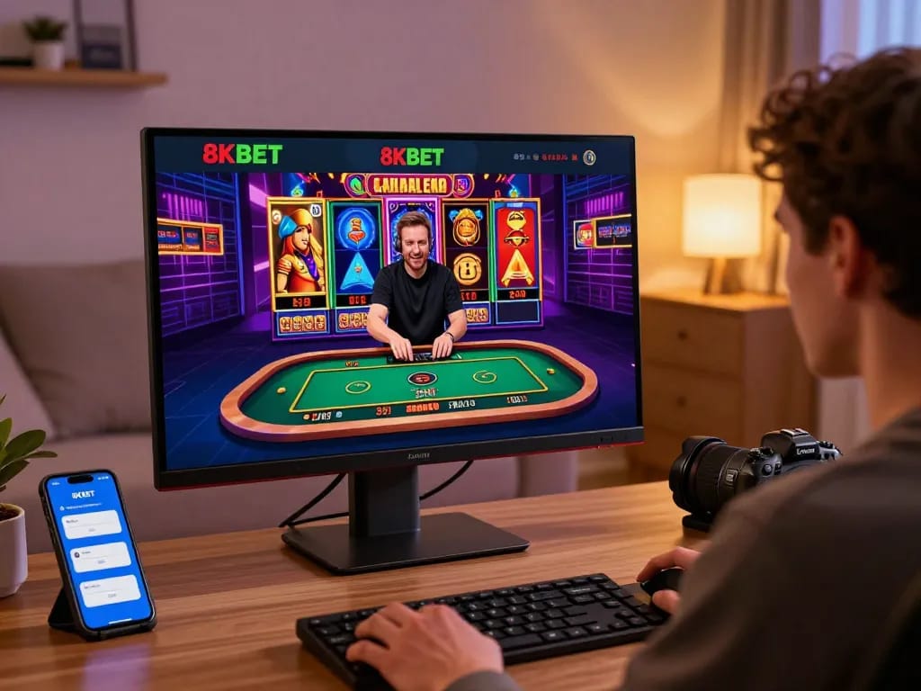 Player engaging with the 8KBET gambling platform in a cozy home setting.
