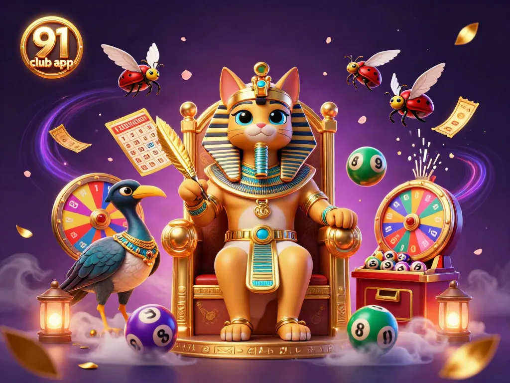 Engage with the excitement of the 91 club app through colorful lottery balls, a prize wheel, and dynamic gaming elements.