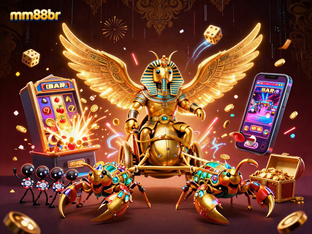 Engage with the vibrant mm88br casino scene featuring a golden scarab and lively game elements.