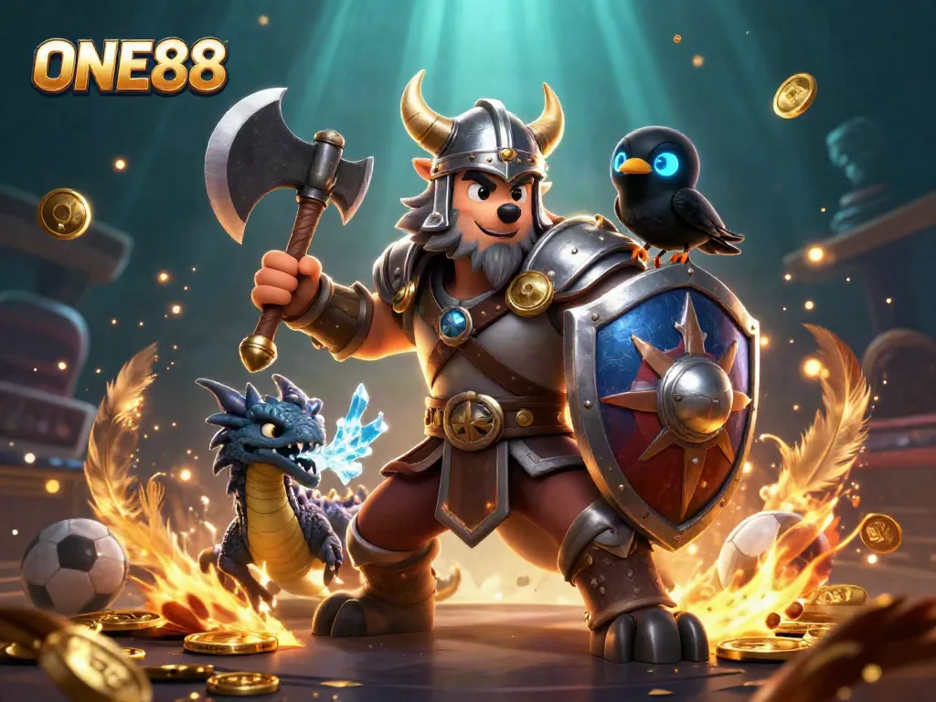 Experience dynamic sports betting action with ONE88's Viking warrior and elements in a vibrant 3D scene.