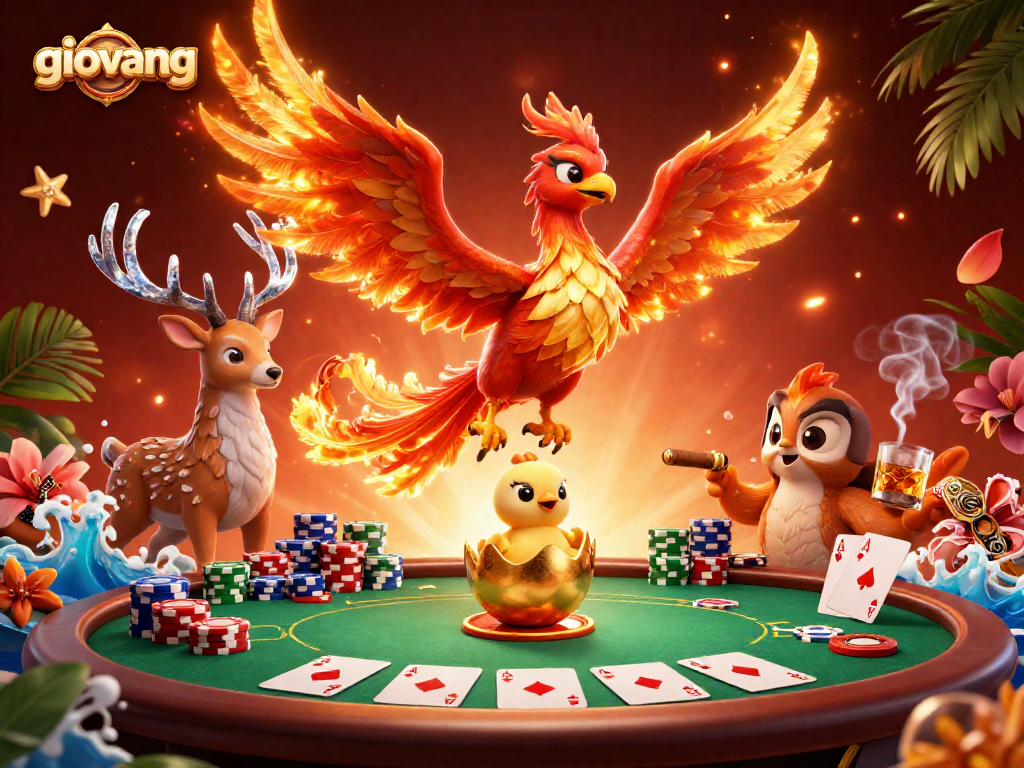 Experience the exciting world of giovang with a vibrant illustration showcasing a dynamic casino scene filled with poker elements.