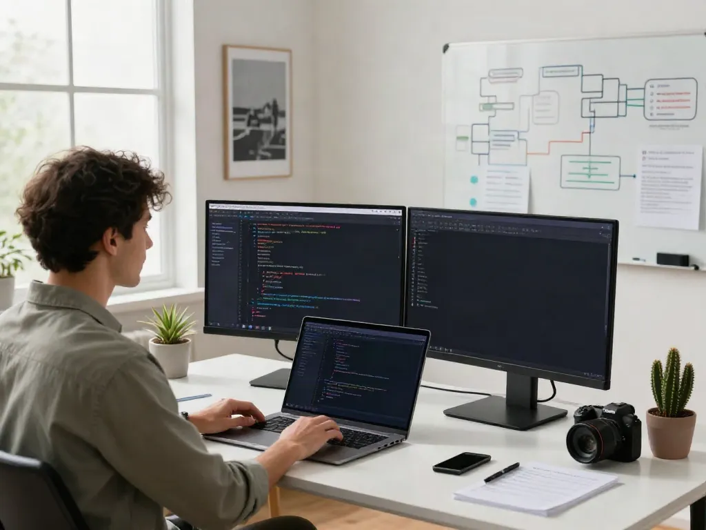 Developer utilizing instant indexing tools in a modern tech workspace with dual monitors and natural light.
