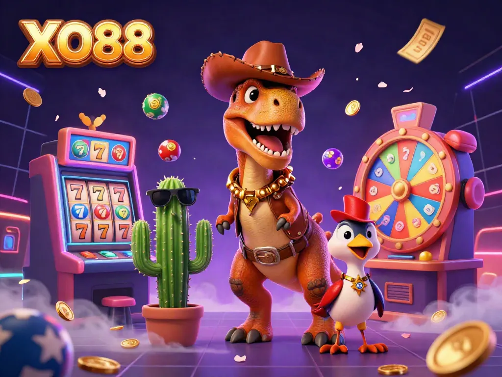 Spin the slots with XO88 in a vibrant 3D casino scene featuring dynamic lottery balls.