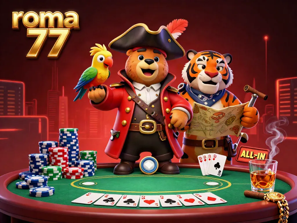 Immerse in the action with roma 77 as a pirate bear and tiger duel over poker, surrounded by chips and a rich casino atmosphere.