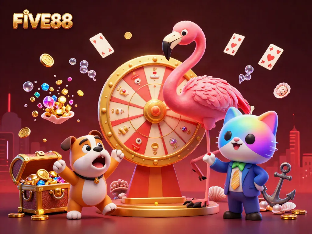 Exciting scene of FIVE88 featuring a flamingo game show host, cheerful bulldog contestant, and a scoreboard cat assistant.