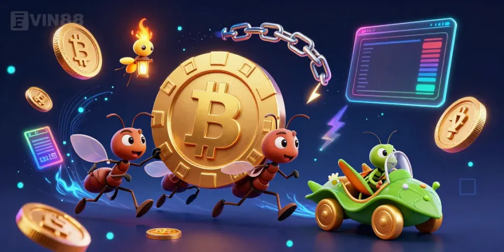 Ants on a heist for VIN88, conveying excitement with poker chips, crypto coins, and vibrant game elements.